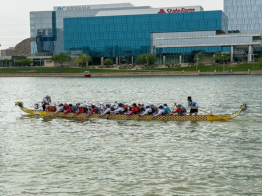 Dragon boat race with paddlers in synchronized motion